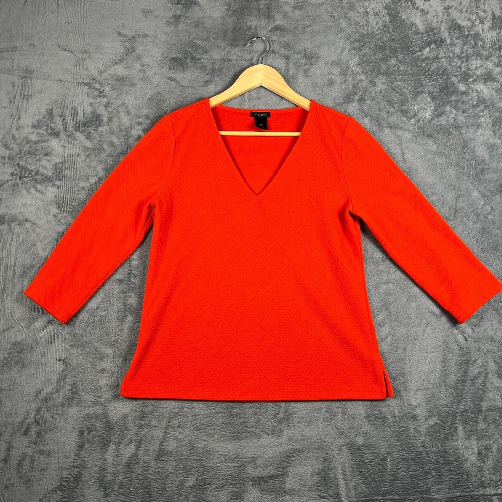 Ann Taylor Blouse Top Womens Medium Orange Diamond Weave V Neck Quarter Sleeve